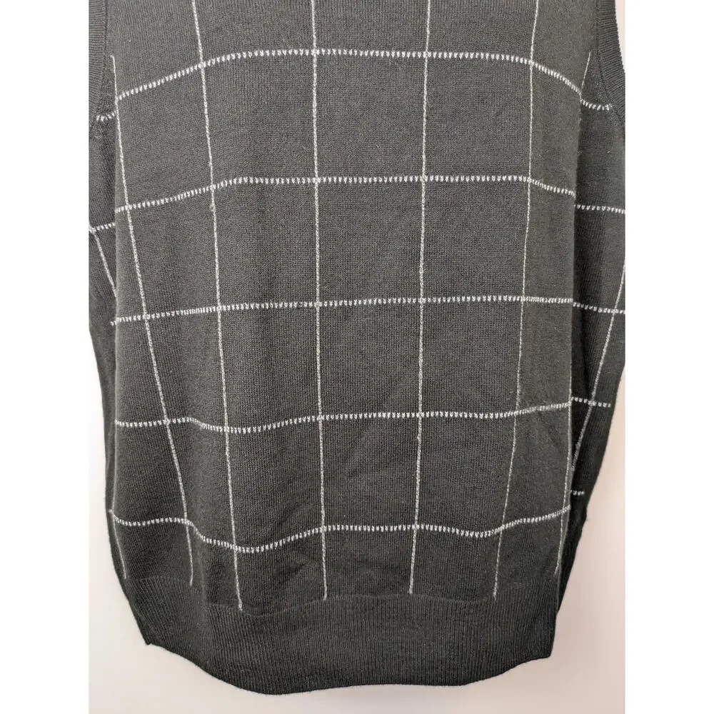 Geoffrey Beene Mens Sweater Vest Large Black Tan Check V-Neck Retro Preppy Knit